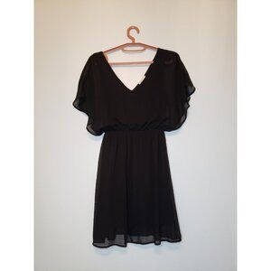 Everly Women's Sz S Black Dress Short Sleeve Flowy Ruffled Lined Deep V Neckline